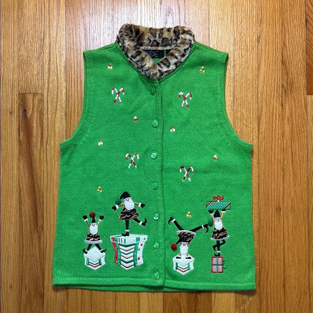 Vintage Festive Green Holiday Sweater Vest with Santa Design